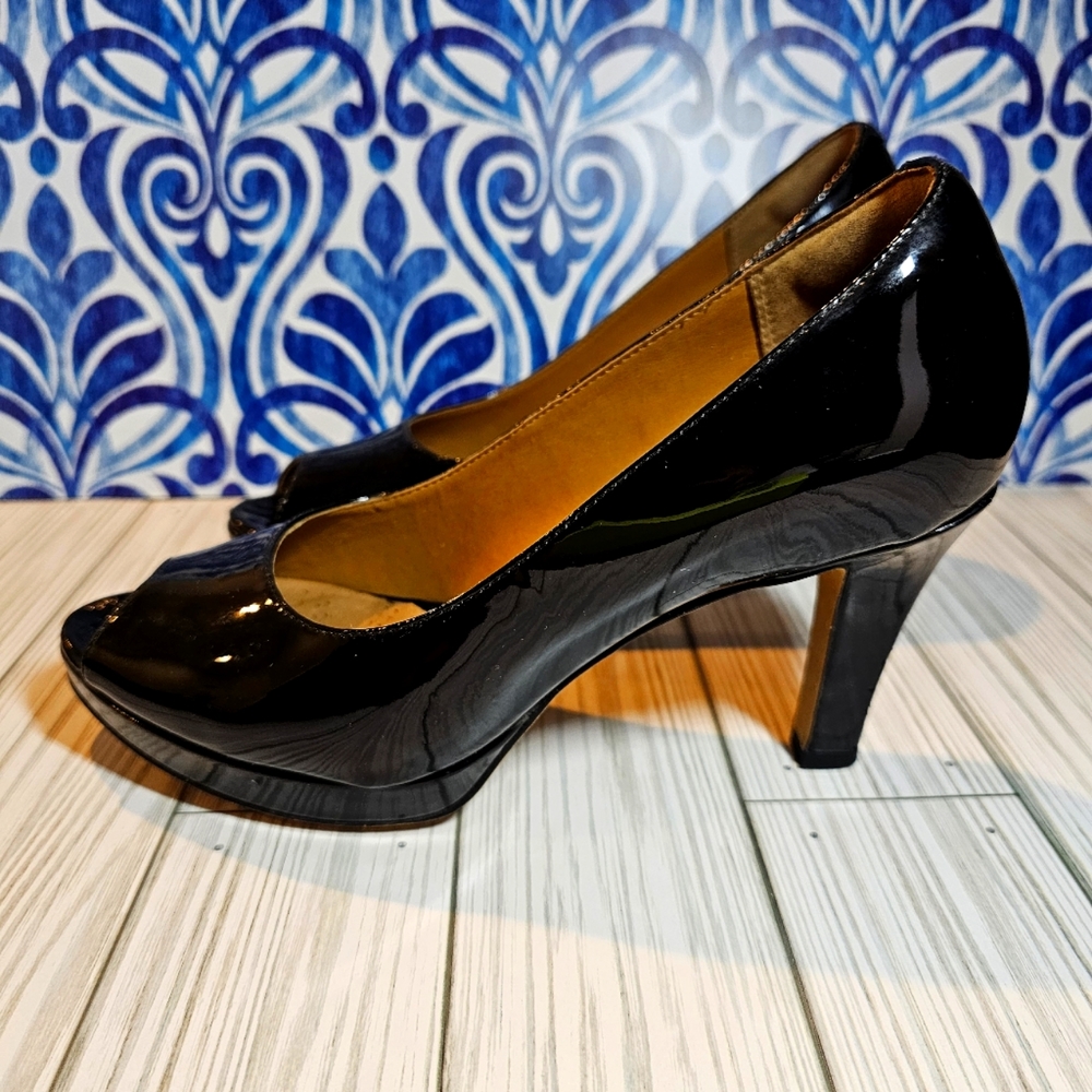 Clarks patent leather peep toe heels